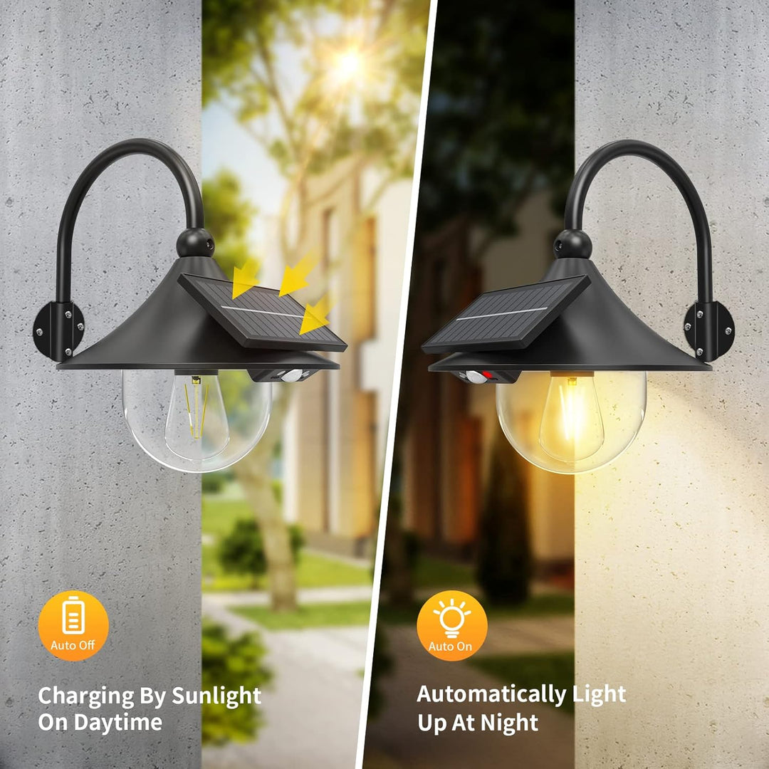 Energy-efficient solar barn lights, 2-pack, with motion sensor and classic gooseneck design