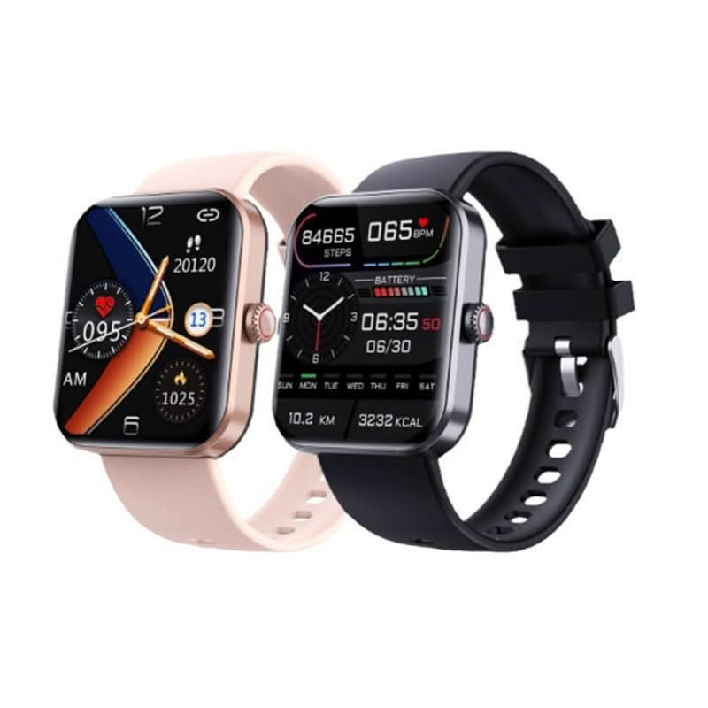 Digital health smartwatch for non-invasive blood glucose monitoring, heart rate, and blood pressure tracking. Black design.