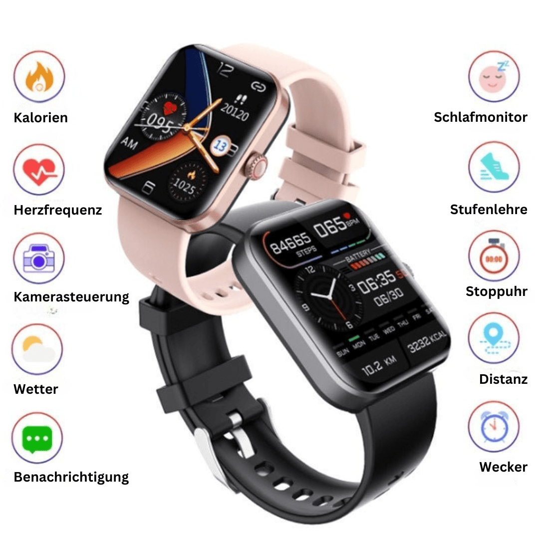 Multifunctional health tracker smartwatch in black. Painless blood glucose, heart rate, blood pressure, and sleep monitor.