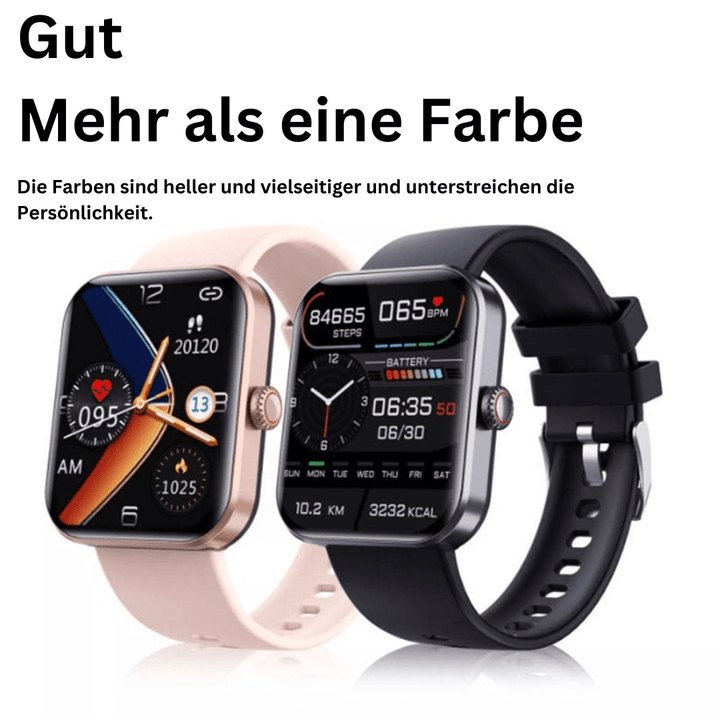 Advanced wearable tech: painless blood glucose monitor smartwatch in black. Tracks heart rate, blood pressure, and sleep.