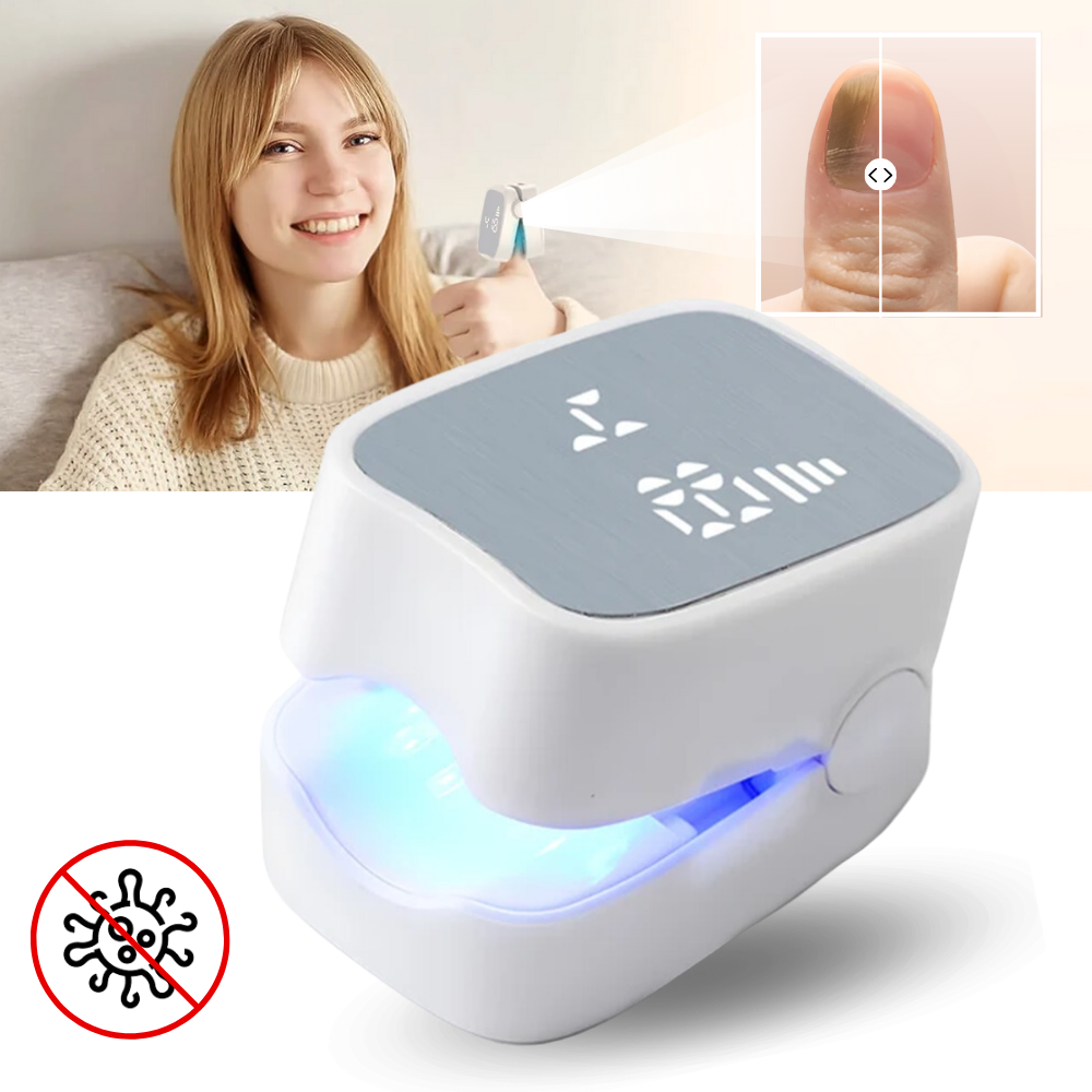 Portable laser device for painless nail fungus treatment at home, restoring healthy, clear toenails & fingernails.