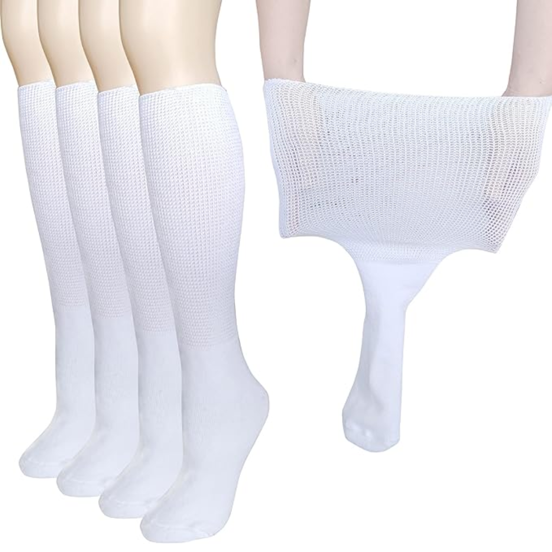 Pair of beige extra wide lymphedema & diabetic comfort socks, knee-high design for swollen feet support.
