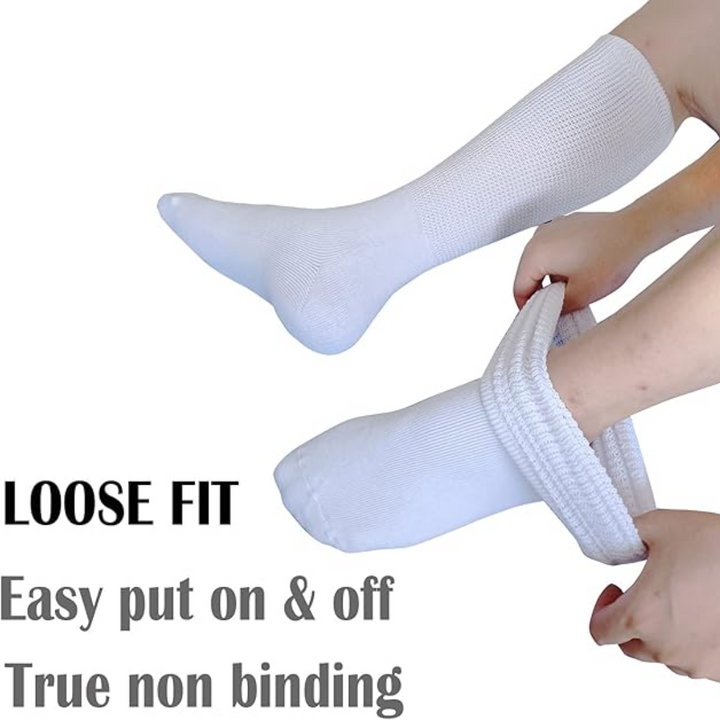 Close-up of white unisex extra wide comfort socks, highlighting soft, non-binding material for diabetic feet.