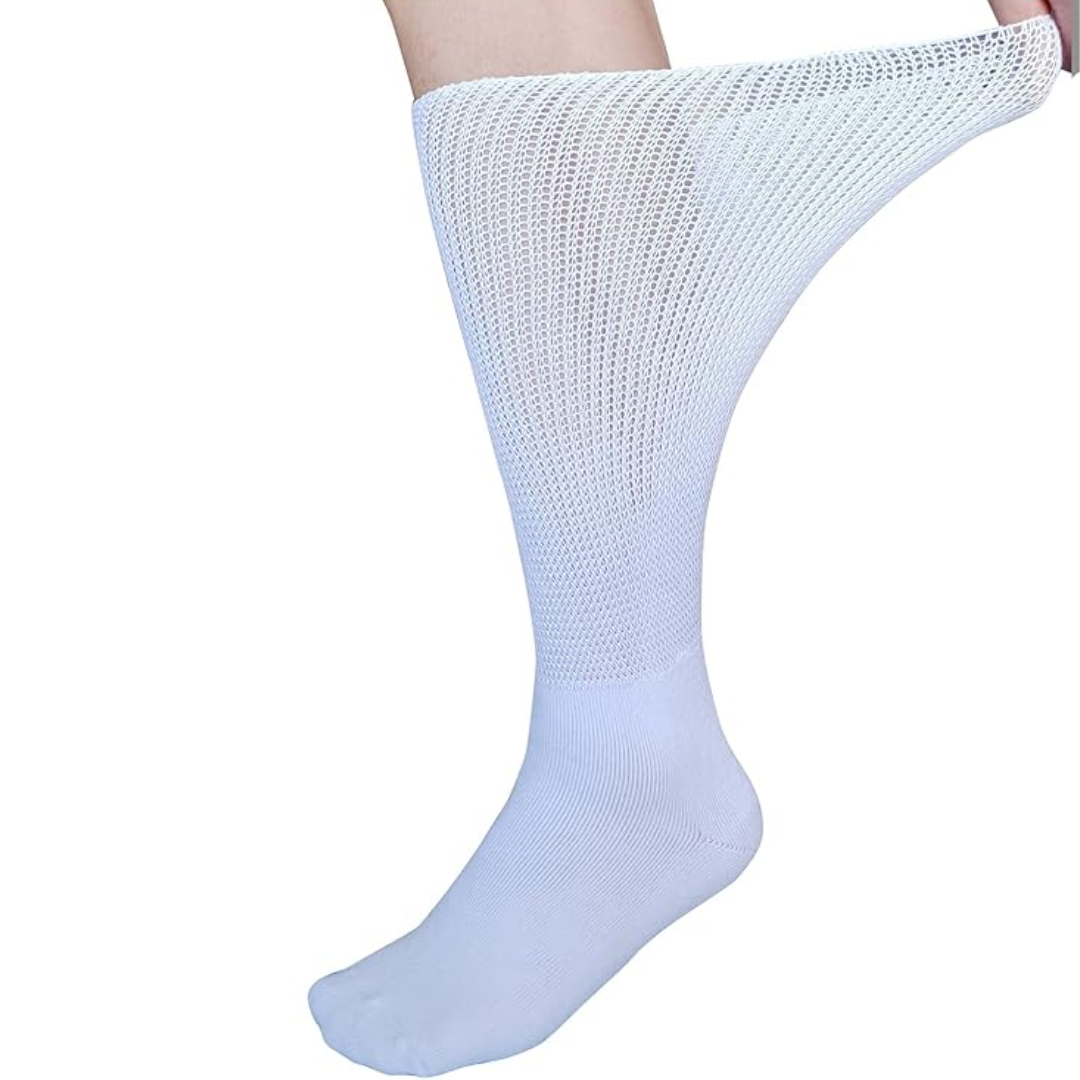 Model wearing black extra wide orthopedic comfort socks, showcasing knee-high fit for lymphedema support.