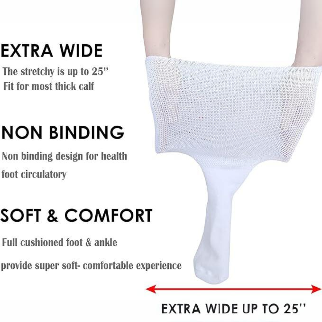 Lifestyle shot of extra wide diabetic comfort socks, suitable for both men and women with swollen feet.