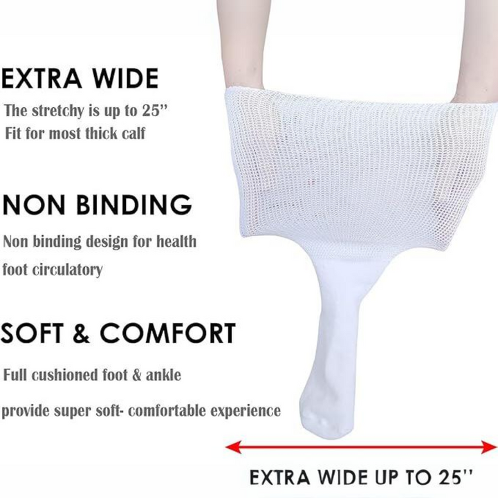 Lifestyle shot of extra wide diabetic comfort socks, suitable for both men and women with swollen feet.