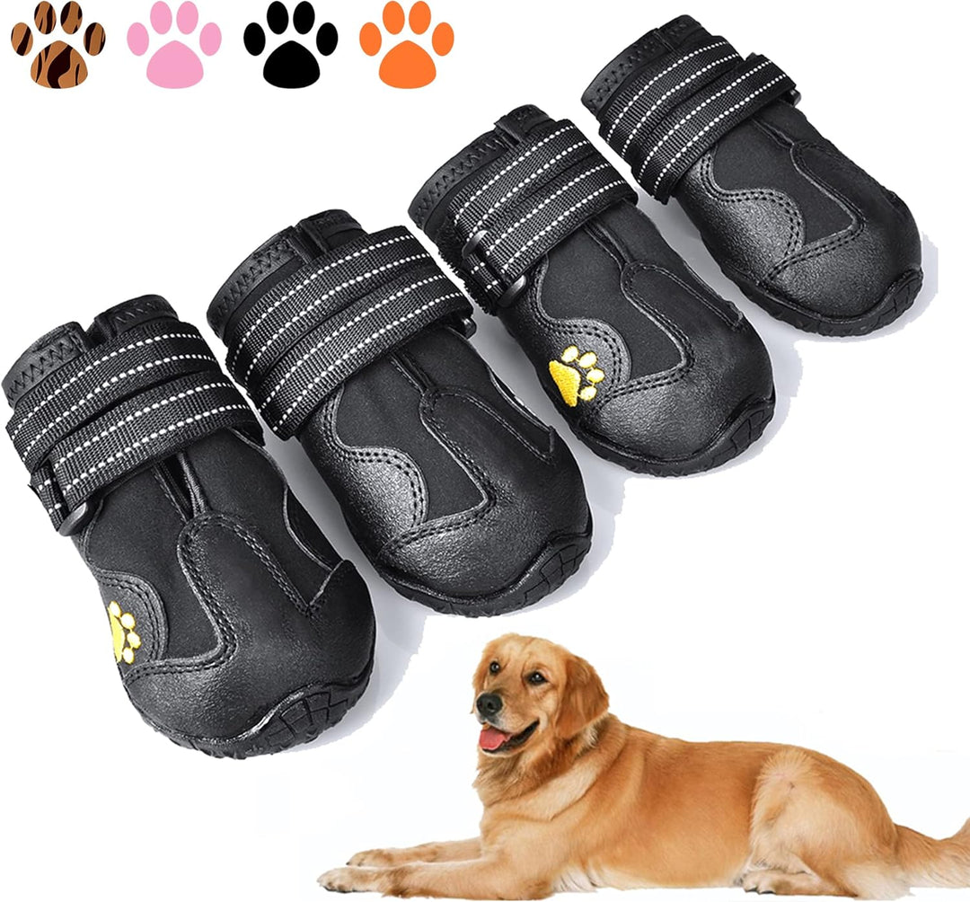 Dog wearing anti-slip all-weather boots running on a trail, active pet paw protection