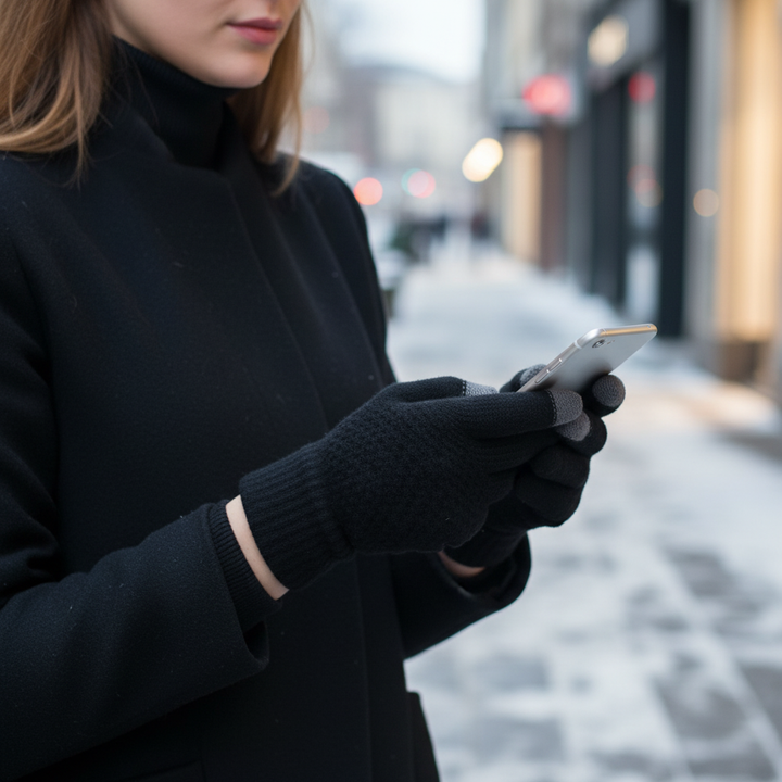 Pair of black knitted touchscreen gloves, featuring sensitive fingertips for smartphone use, unisex design and warmth.
