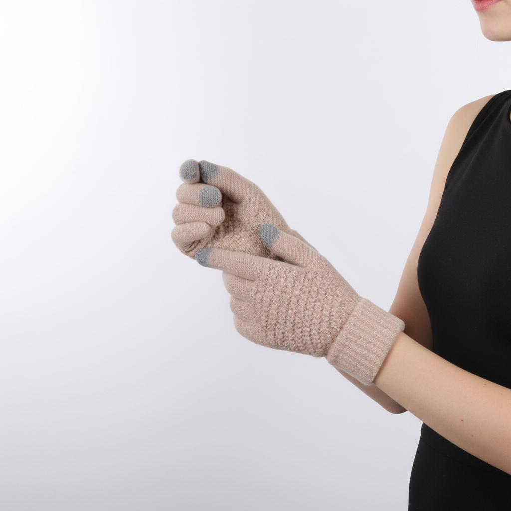 A hand wearing a stylish knitted touchscreen glove interacting with a tablet, showcasing seamless tech integration.