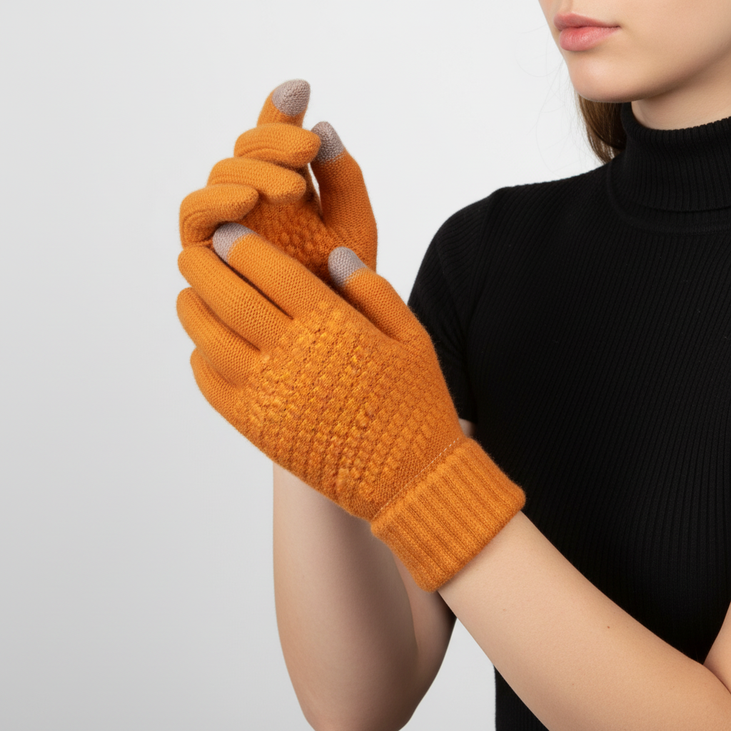 Comfortable warm knitted touchscreen gloves, ideal for both men and women, keeping hands cozy in winter weather.