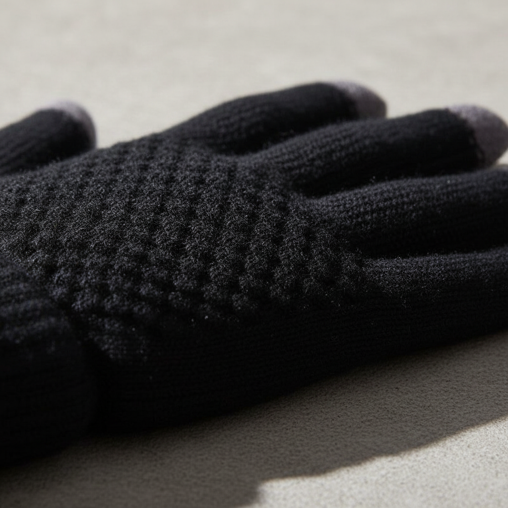 Model wearing dark blue knitted touchscreen gloves outdoors in winter, demonstrating their stylish look and functionality.