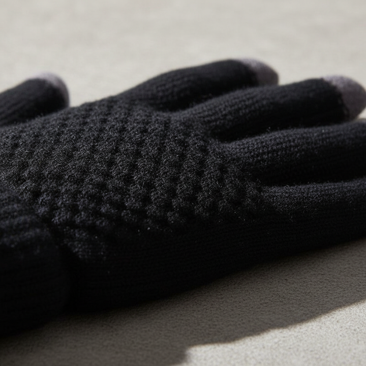 Model wearing dark blue knitted touchscreen gloves outdoors in winter, demonstrating their stylish look and functionality.