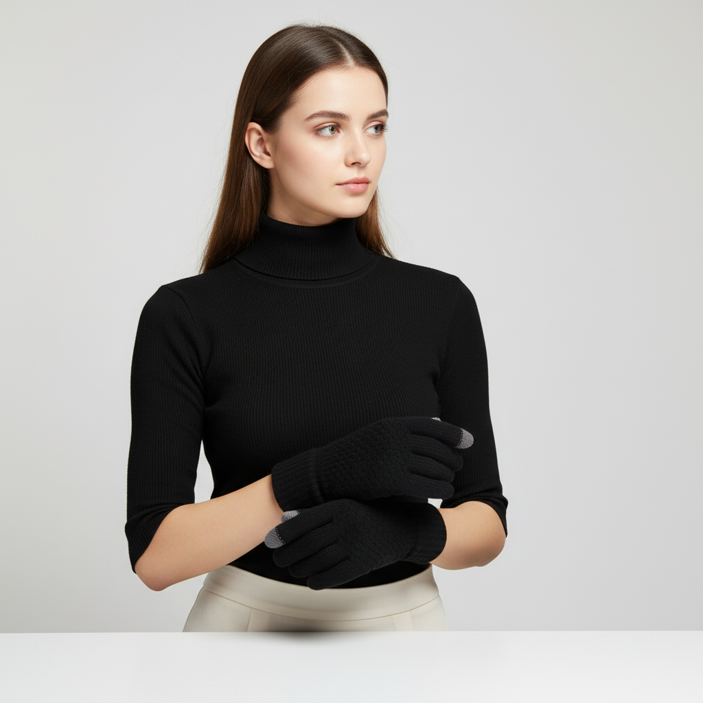 Knitted touchscreen gloves in a variety of colors (grey, black, red) neatly folded, emphasizing unisex appeal.