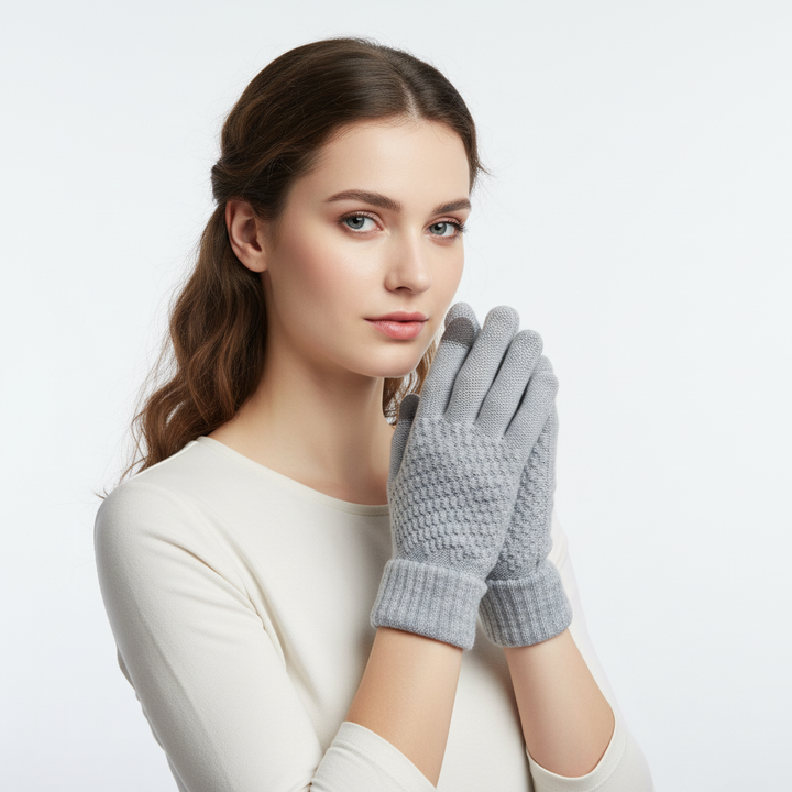 A person typing on a smartphone while wearing comfortable, warm knitted touchscreen gloves, highlighting convenience.