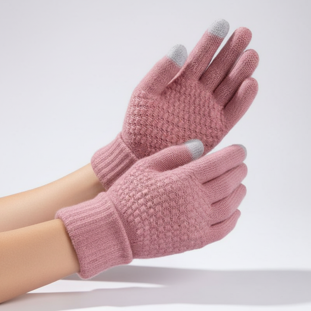 Black knitted touchscreen gloves displayed flat, showing the fine knit texture and classic design for cold weather.