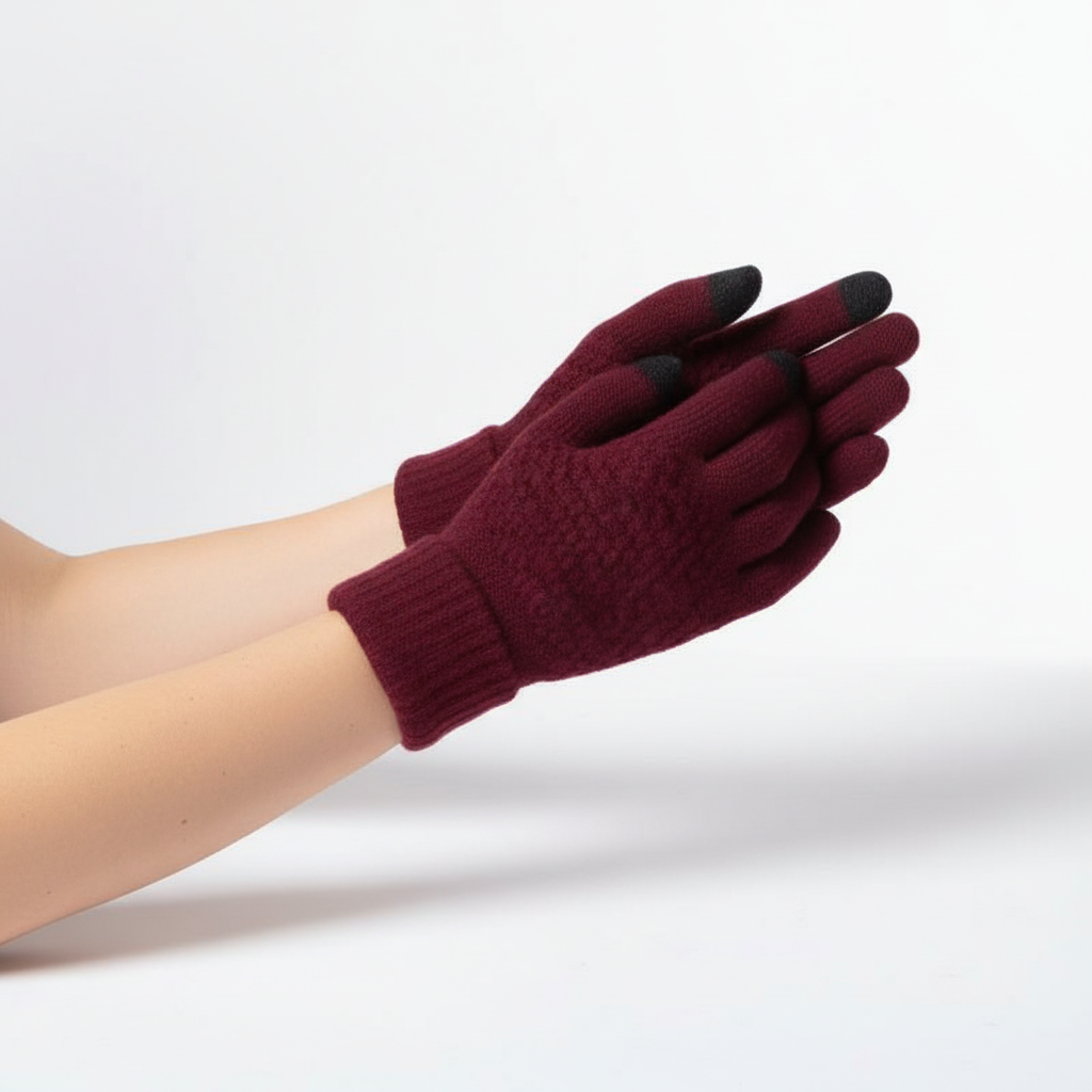 Various colored knitted touchscreen gloves (blue, grey, black) stacked, emphasizing their soft feel and warmth.