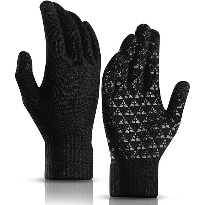 Sports enthusiast wearing WarmFlex thermal gloves enjoying winter scenery