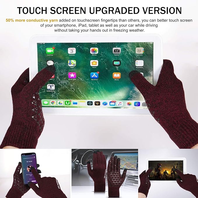 Packaging for WarmFlex Thermal Touchscreen Winter Gloves, emphasizing features