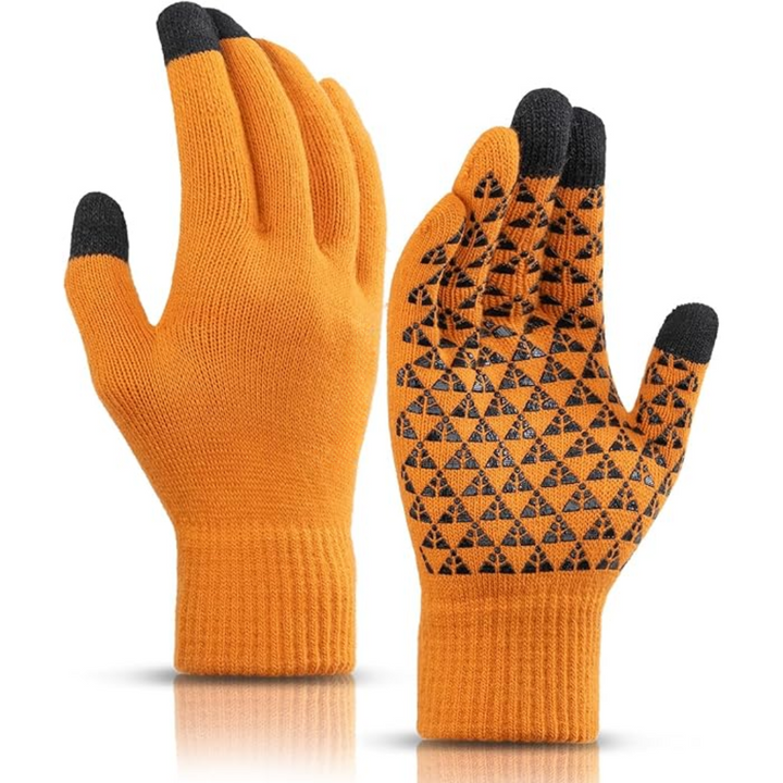 Close-up of a hand wearing a WarmFlex thermal touchscreen glove, showing finger detail