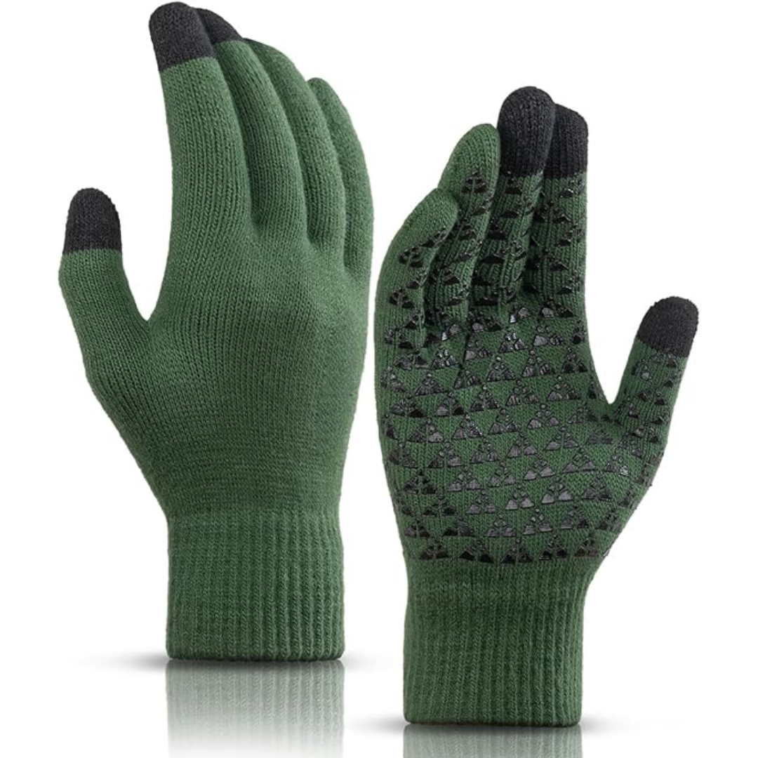 Model wearing black WarmFlex thermal gloves outdoors in snowy winter conditions