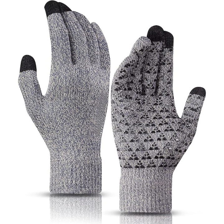 Stack of folded WarmFlex thermal touchscreen winter gloves in various sizes