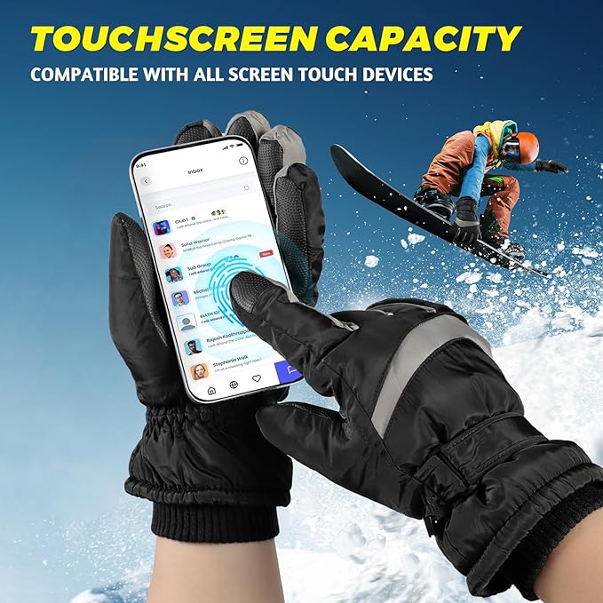 Model wearing black unisex ThermaTouch gloves, demonstrating touchscreen functionality in winter