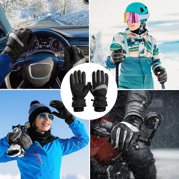 Durable black thermal gloves designed for outdoor winter sports and touchscreen control