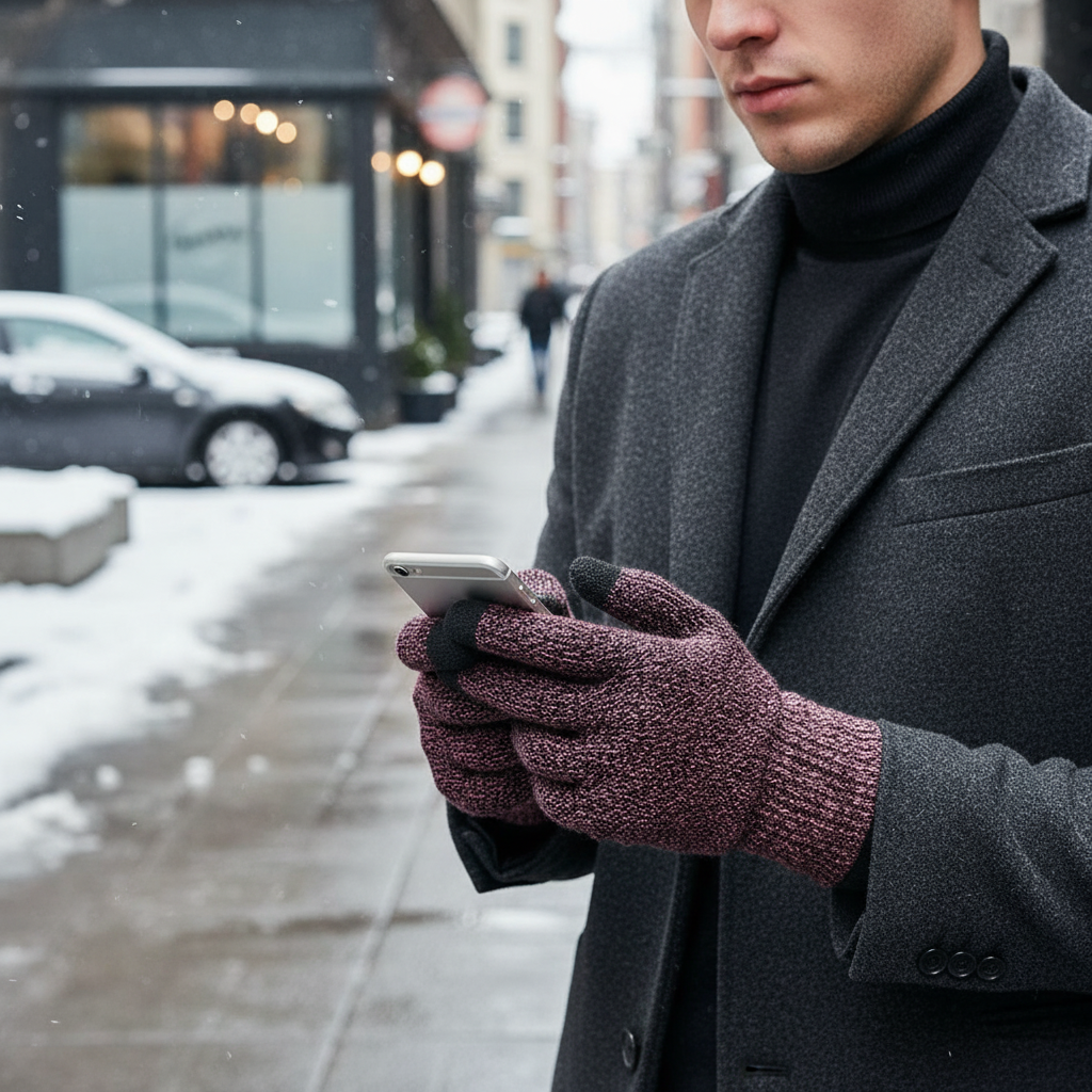 Pair of black Unisex Thermal Knitted Touchscreen Gloves, ideal for cold weather phone use.