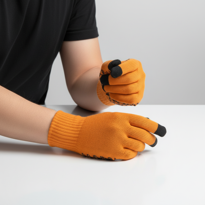 Group of people wearing Unisex Thermal Knitted Touchscreen Gloves during a winter outdoor activity.