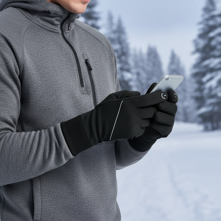 Pair of black Unisex Touchscreen Winter Gloves, ideal for cold weather, showing full finger coverage and textured grip
