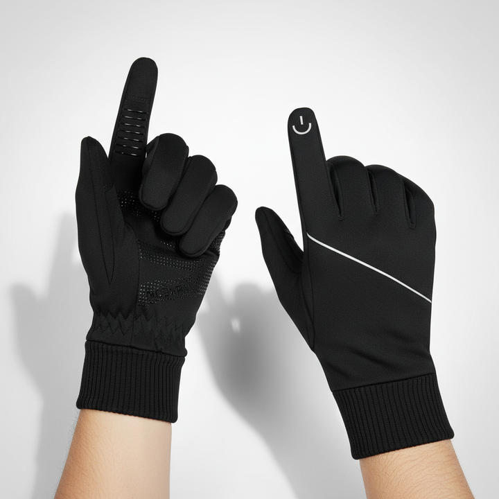 Stack of folded black ThermoTouch Winter Gloves, emphasizing their thermal and windproof qualities for cold weather activities