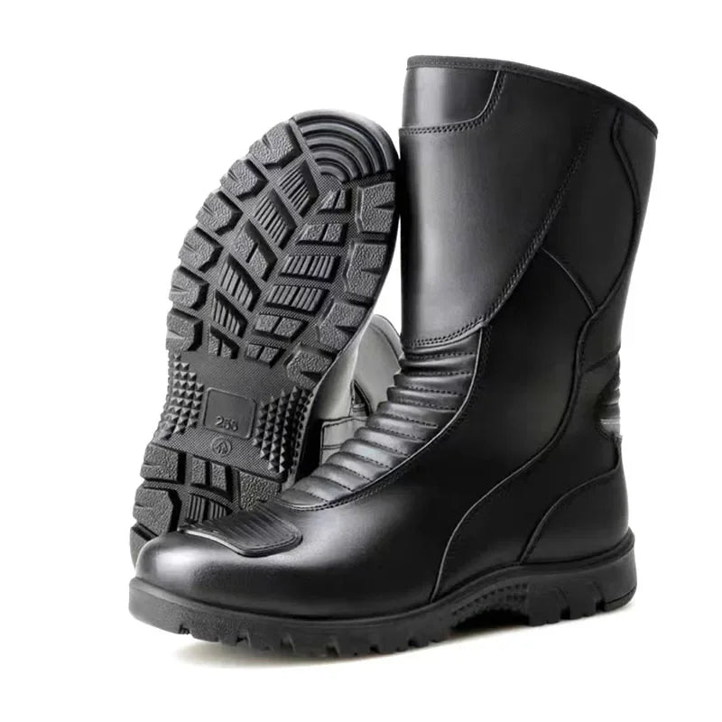 Pair of black unisex waterproof motorcycle touring boots with ankle protection, front view.