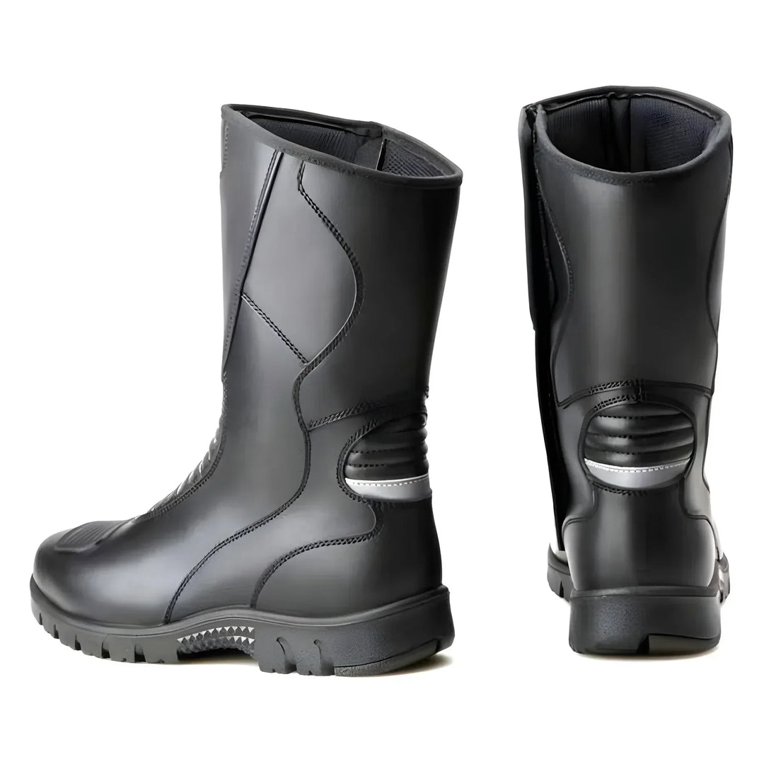 RoadShield waterproof motorcycle boots, close-up of side showing durable material and protective features.