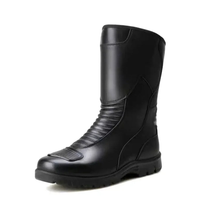 Unisex black touring motorcycle boots, waterproof and protective for all-weather riding adventures.