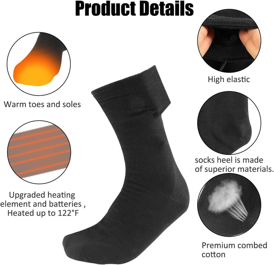 USB rechargeable heated thermal socks with battery pack showing, ideal for continuous warmth.