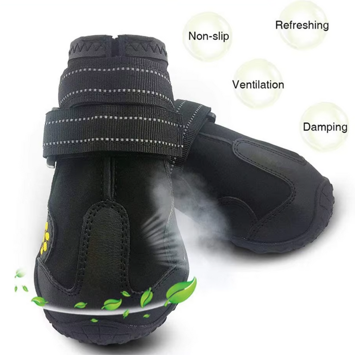 Dog wearing durable, black dog shoes, paw protectors with reflective straps for night safety