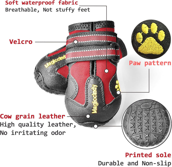 Front view of a dog paw protector boot, showcasing the waterproof material and secure fastening