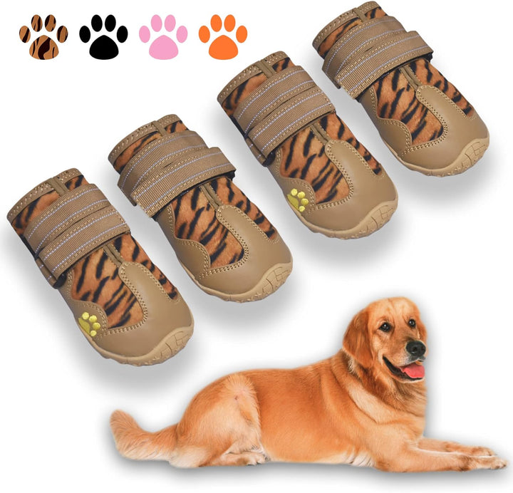 Waterproof dog shoes protecting paws on a wet, muddy path - ideal outdoor dog gear