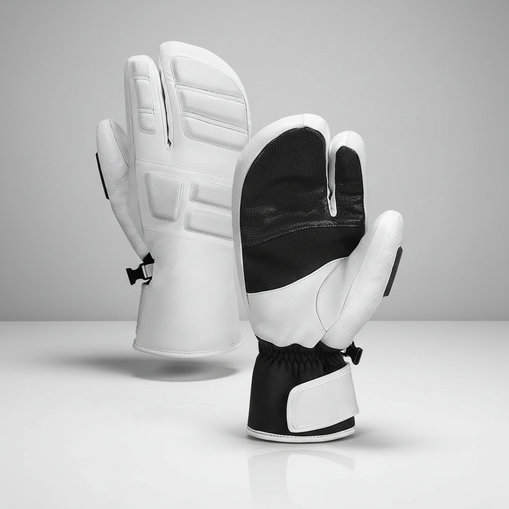 Close up of Windproof FrostGrip winter sports gloves, showcasing textured palm and waterproof material