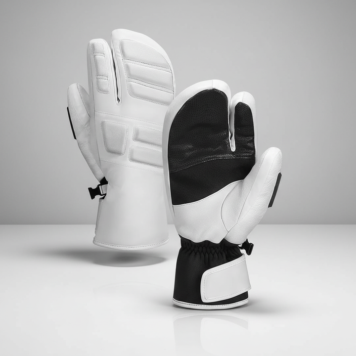 Close up of Windproof FrostGrip winter sports gloves, showcasing textured palm and waterproof material