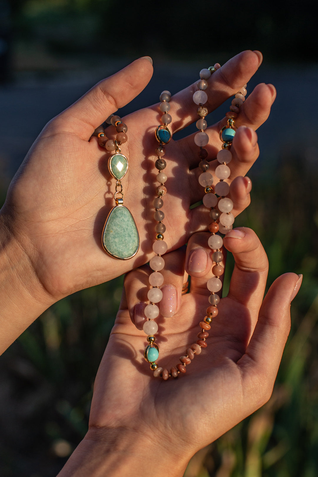 Elegant pastel mala necklace for women, crafted with various gemstones for spiritual peace & wellness.