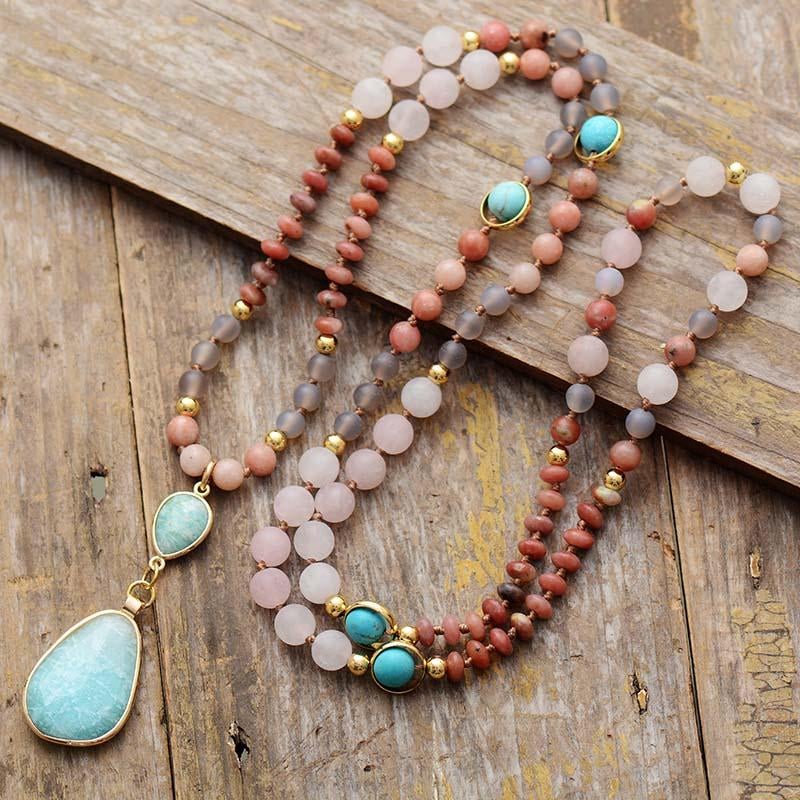 Women's pastel gemstone mala necklace, perfect spiritual jewelry for meditation & daily wellness.