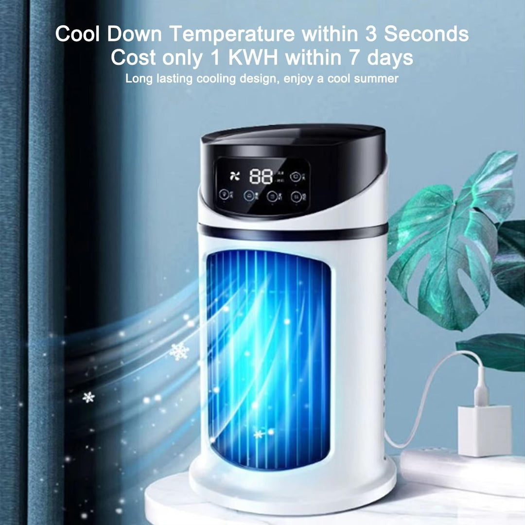 Quiet personal air cooler with humidifier & purifier functions. USB-powered for desktop comfort & instant cooling.