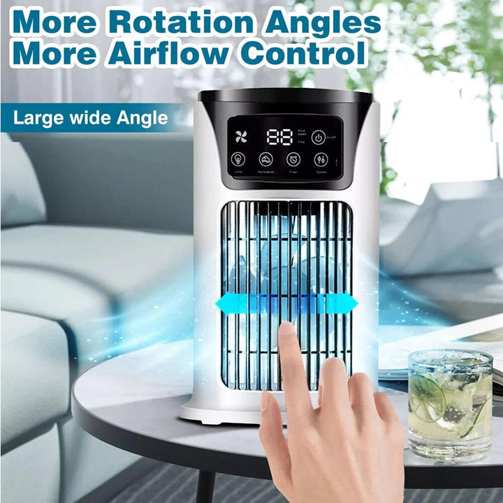 Portable air cooler & humidifier. USB fan for instant personal cooling, ideal desktop or office comfort solution.
