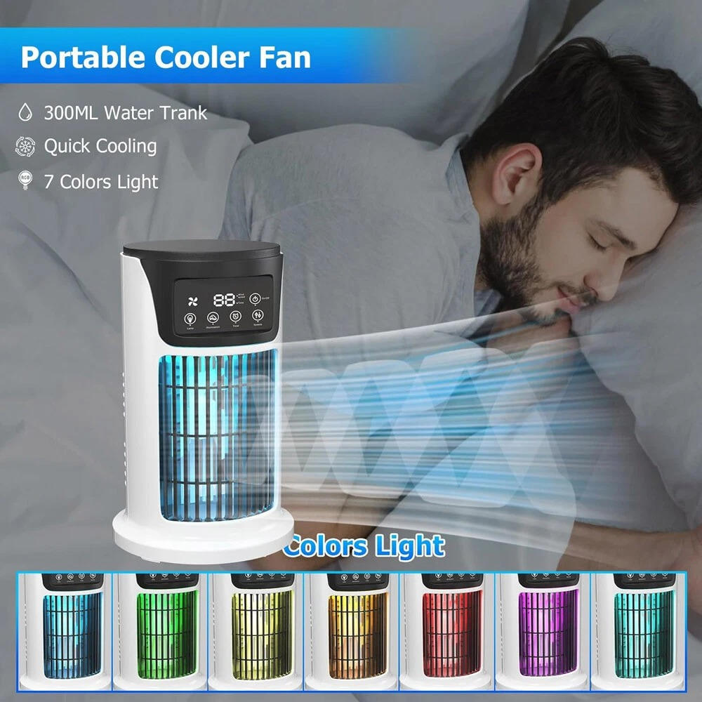 Efficient personal air conditioner, a desktop fan & humidifier for quiet, instant cooling comfort in home or office.