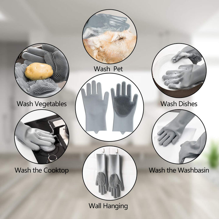 Blue pet grooming glove with soft rubber tips, effectively removing loose fur during de-shedding.