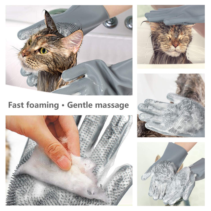 Close-up of a pet grooming glove, showcasing its textured surface for fur removal and massage.