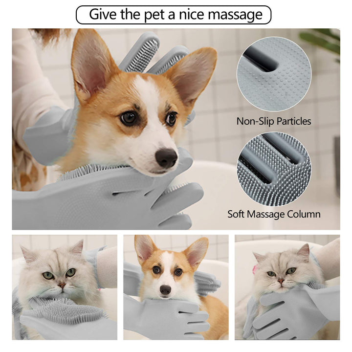 Pet owner using a de-shedding glove on their dog, demonstrating effective fur removal and grooming.