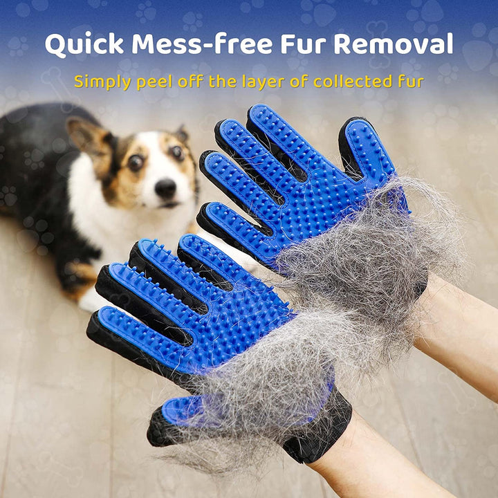 Pet grooming glove next to a happy dog, highlighting its use as a shedding tool & massage glove