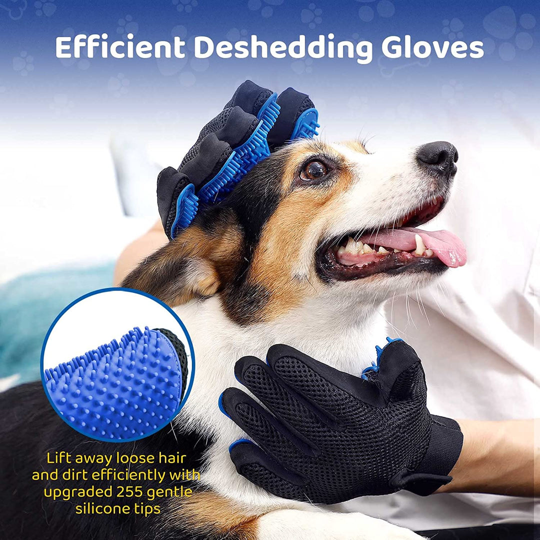 Pet owner using grooming glove on a cat, showing efficient hair removal and pet care